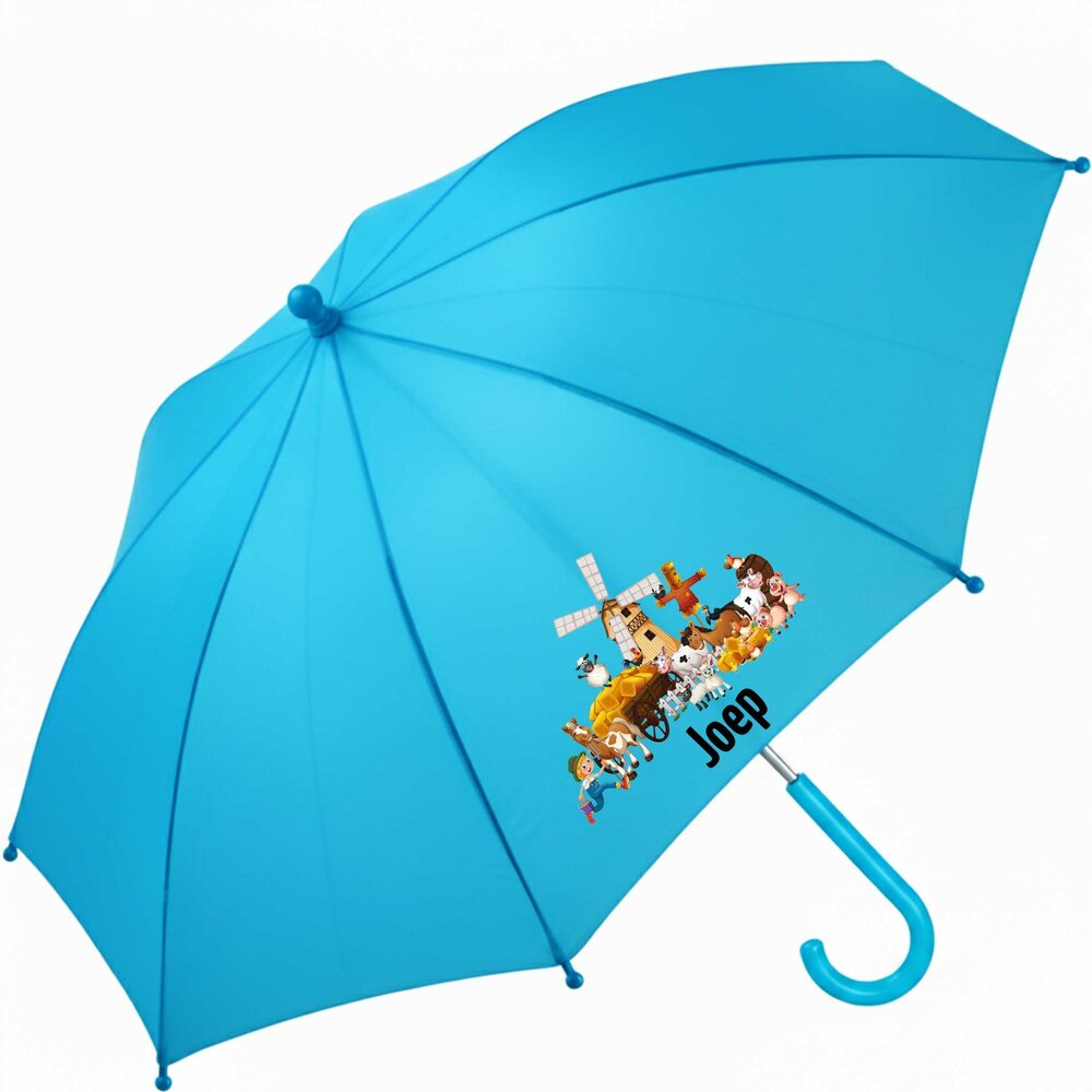 Kinderparaplu met naam &ndash; Boederijdieren in blauw, gepersonaliseerd met de naam van je kind.