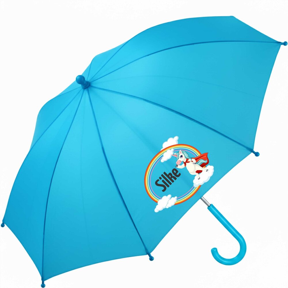 Kinderparaplu met naam &ndash; Unicorn in blauw. Gepersonaliseerd met de naam van je kind en vrolijke eenhoornprints in regenb