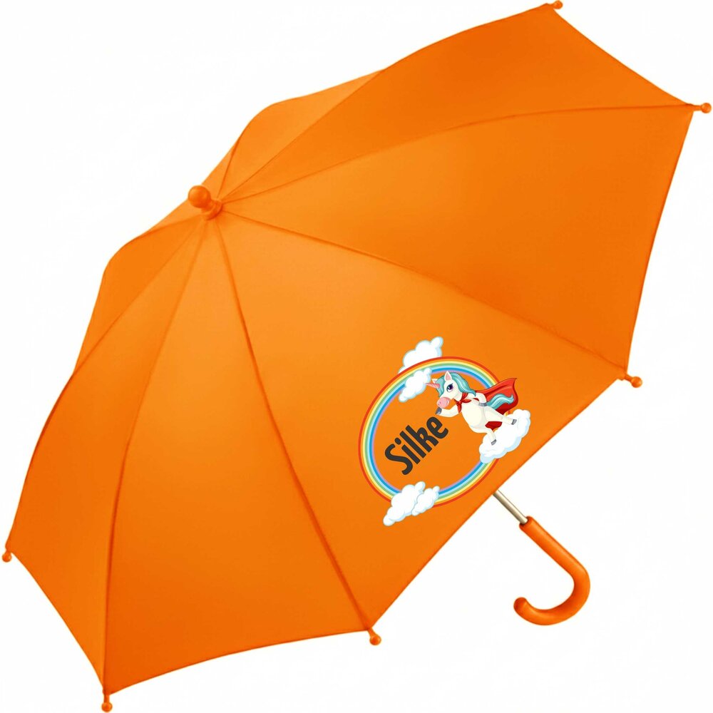 Kinderparaplu met naam &ndash; Unicorn in oranje. Met vrolijke eenhoorns en regenboogdetails, gepersonaliseerd voor je kind.