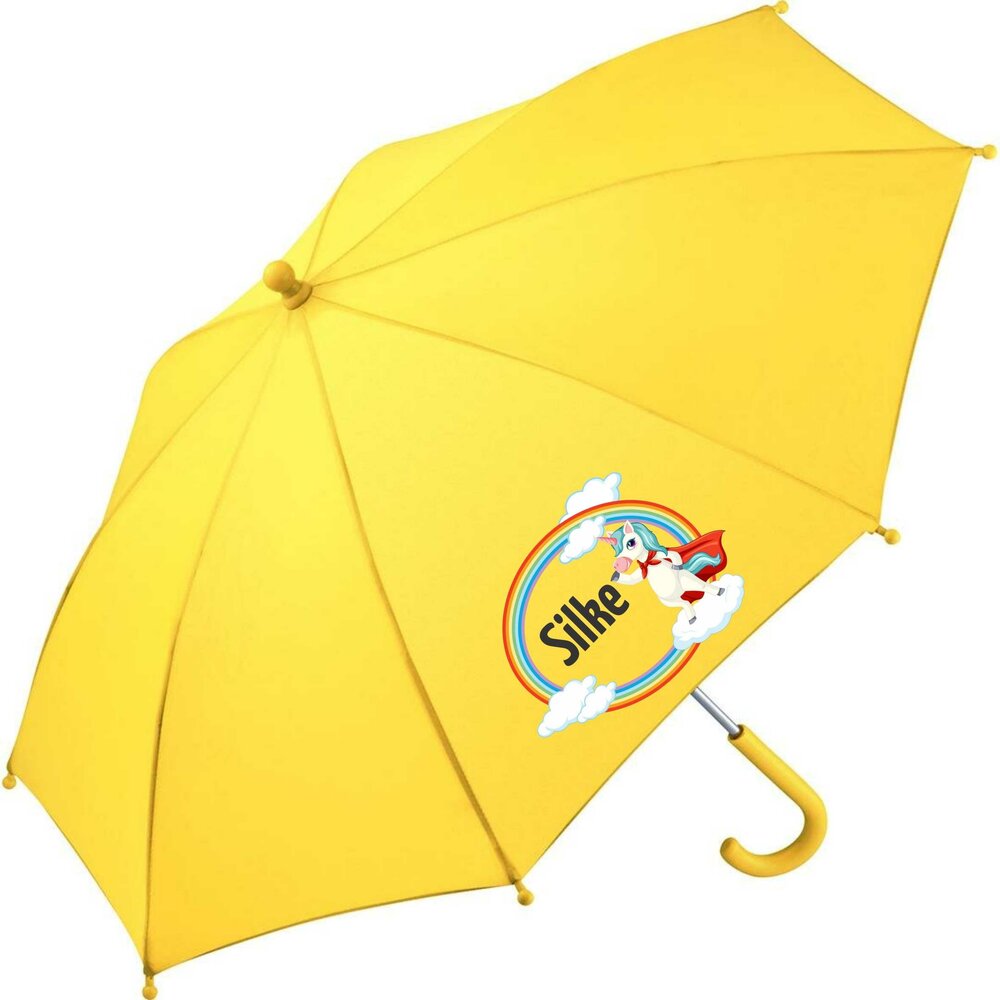 Kinderparaplu met naam &ndash; Unicorn in geel. Gepersonaliseerd met eenhoorns en regenboogaccenten, ideaal als cadeau voor ve