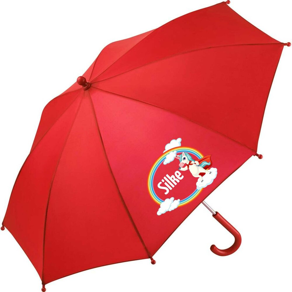 Kinderparaplu met naam &ndash; Unicorn in rood. Met kleurrijke eenhoorns en sterren, volledig gepersonaliseerd met de naam van