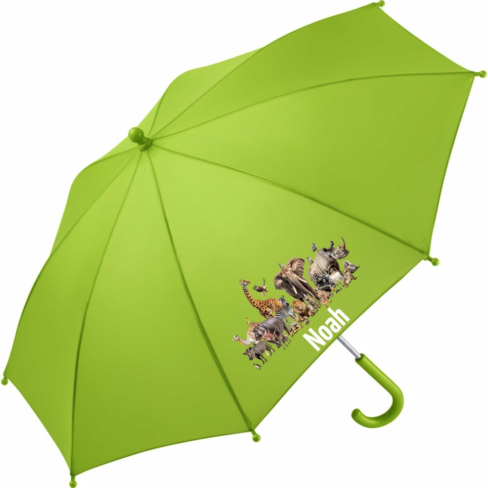 Kinderparaplu met naam &ndash; Jungledieren in groen. Personaliseer met de naam van je kind, met vrolijke jungledieren