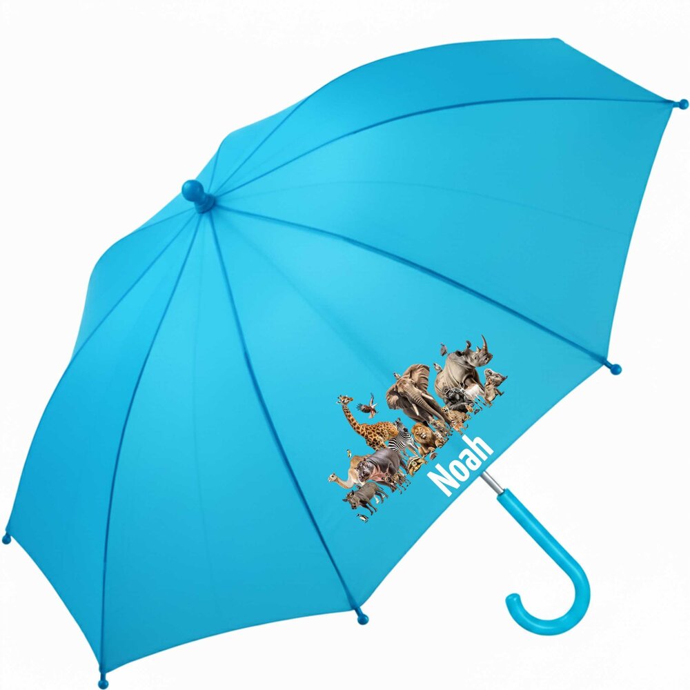 Kinderparaplu met naam &ndash; Jungledieren in vrolijk blauw. Gepersonaliseerd met de naam van je kind en kleurrijke d