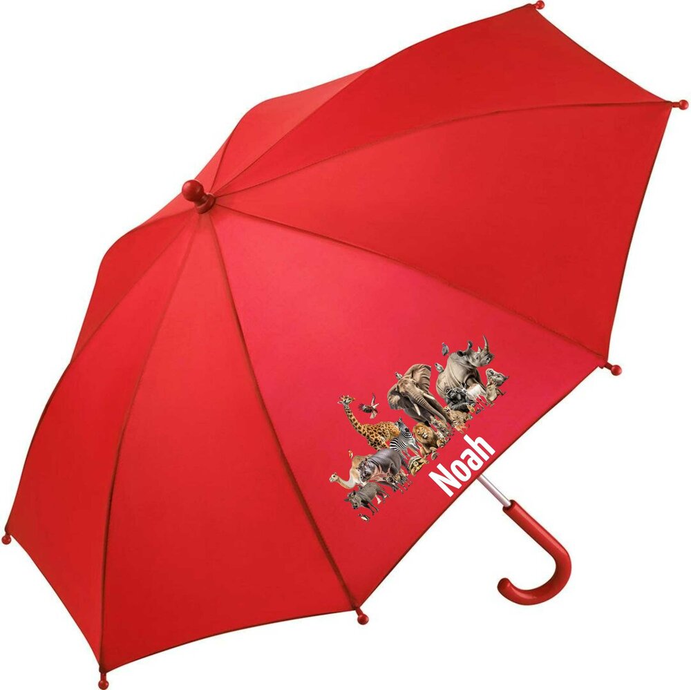Kinderparaplu met naam &ndash; Jungledieren in rood. Met apen, tijgers en olifanten in een levendig ontwerp.