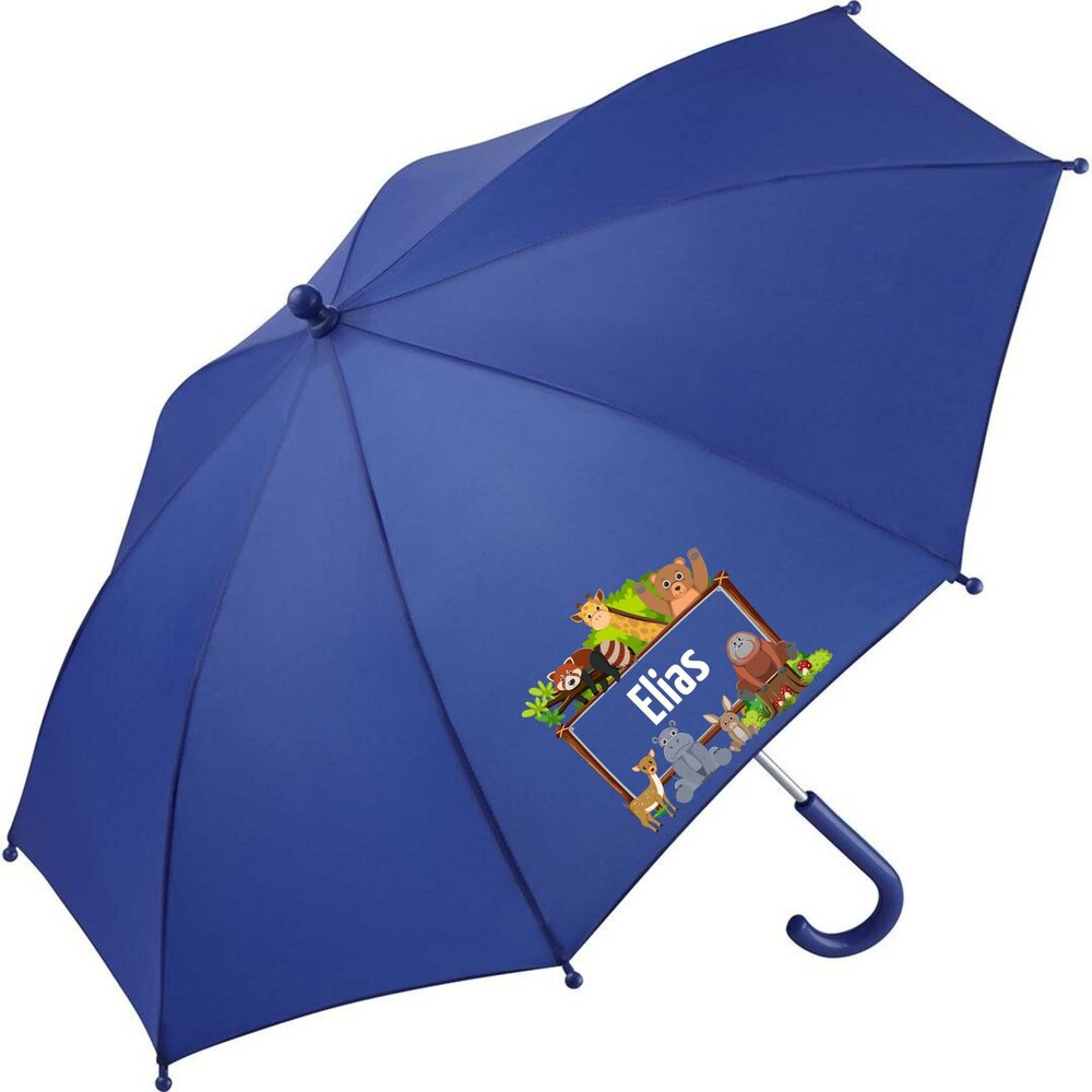 Kinderparaplu met naam &ndash; Bosdieren in blauw. Gepersonaliseerd met de naam van je kind en vrolijke bosdierenprints, zoals