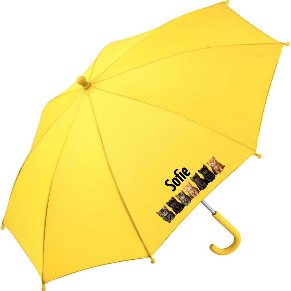 Kinderparaplu met naam &ndash; poesjes in geel, personaliseer met naam van je kind.