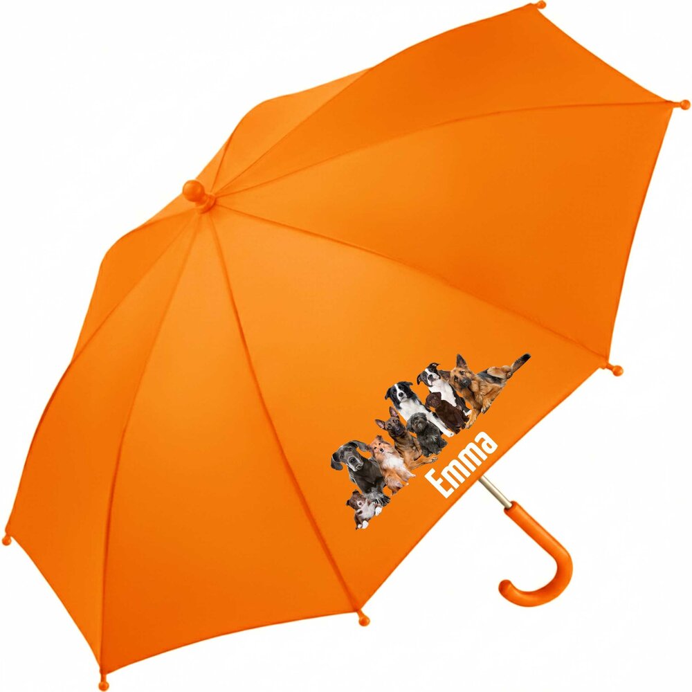 Kinderparaplu met naam &ndash; hondjes in oranje, vrolijke hondenprints