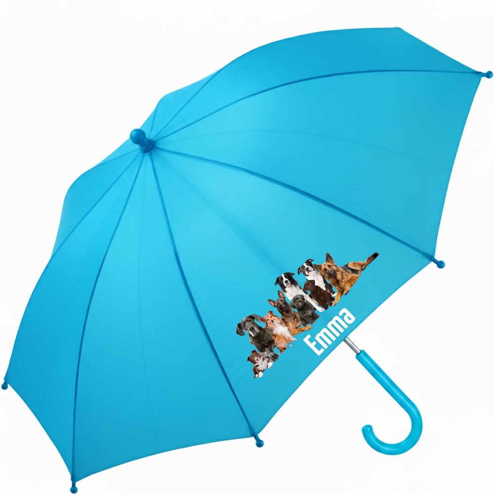 Kinderparaplu met naam &ndash;honden  in blauw, gepersonaliseerd met de naam van je kind.