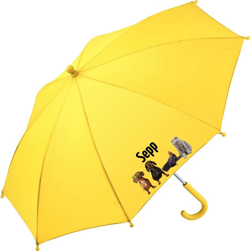 Kinderparaplu met naam - grappige dieren  geel, personaliseer met naam van je kind