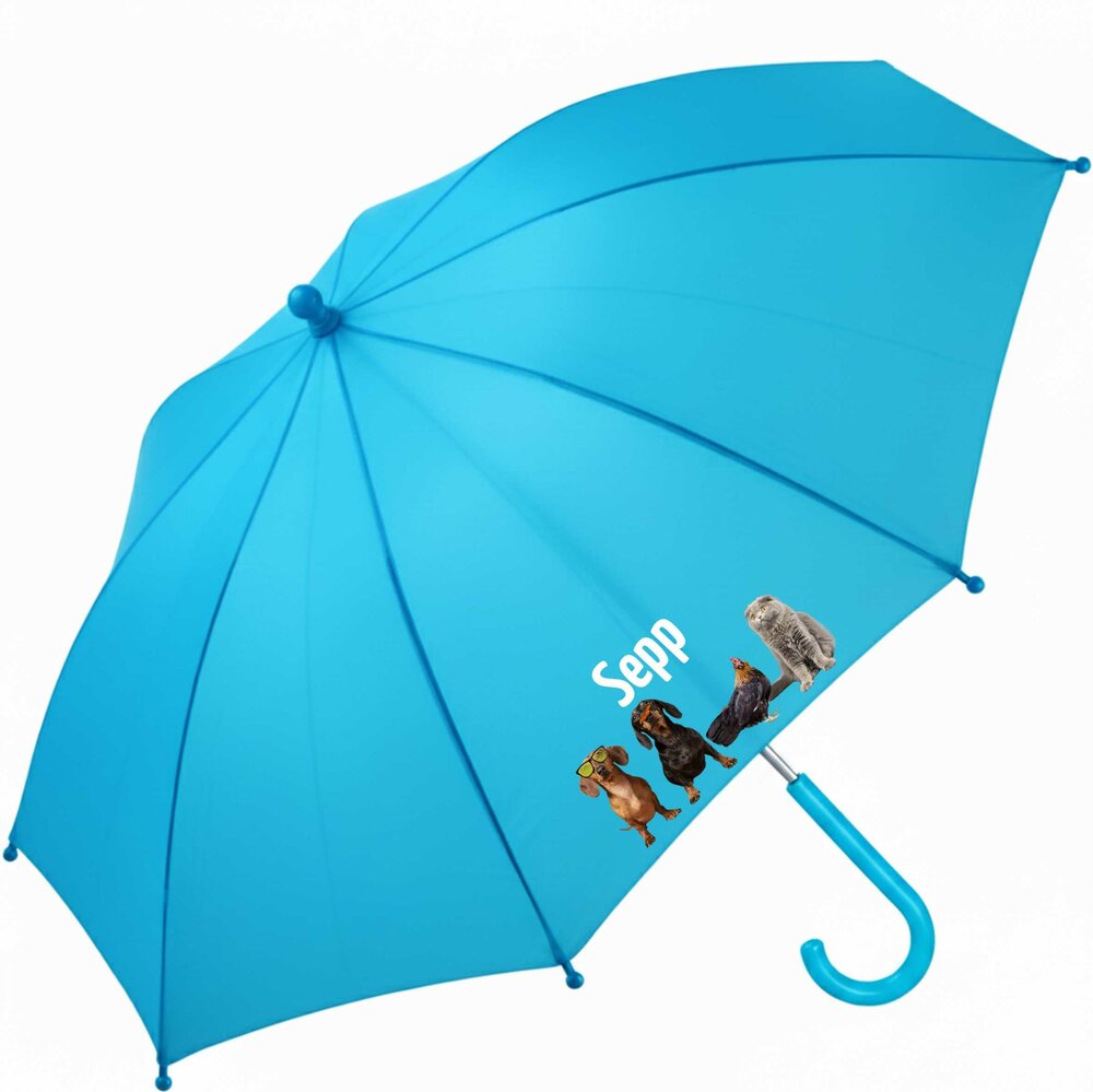 Kinderparaplu met naam &ndash; grappige dieren in blauw, gepersonaliseerd met de naam van je kind.