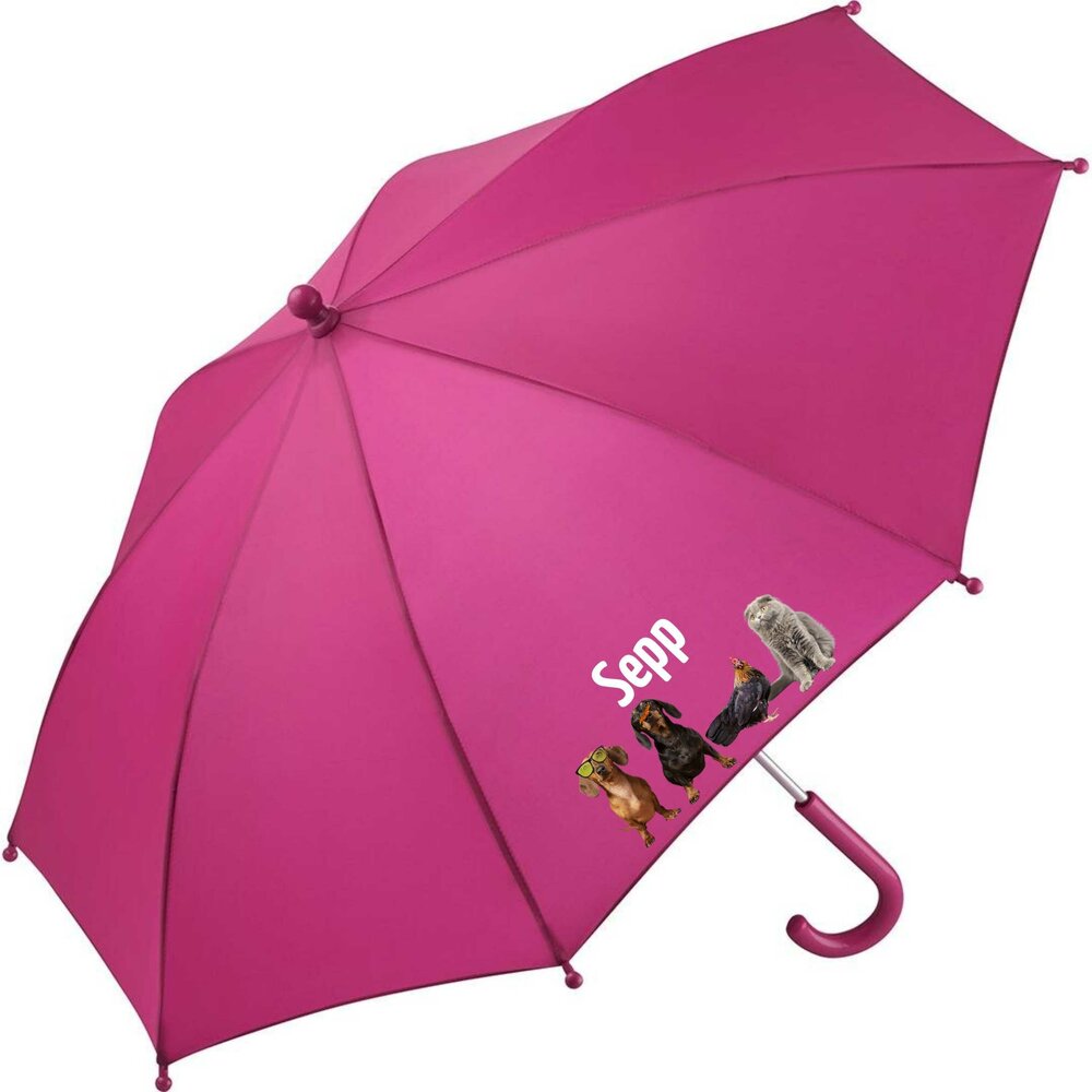 Kinderparaplu met naam &ndash;grappige dieren in roze, met dieren met zonnebril en vlinder op neus