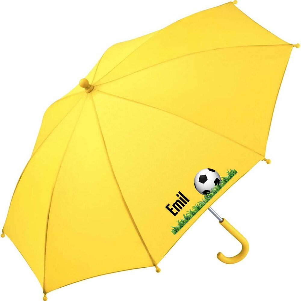 Kinderparaplu met naam &ndash; voetbal in gras in geel, personaliseer met naam van je kind.