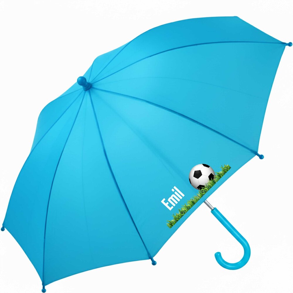 Kinderparaplu met naam &ndash; voetbal in blauw, gepersonaliseerd met de naam van je kind.