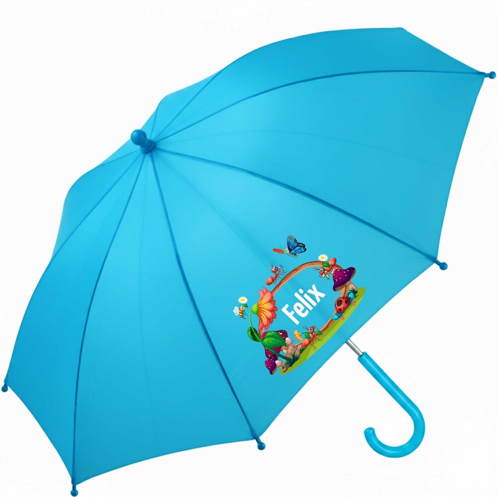Kinderparaplu met naam &ndash; insecten in blauw, gepersonaliseerd met de naam van je kind.