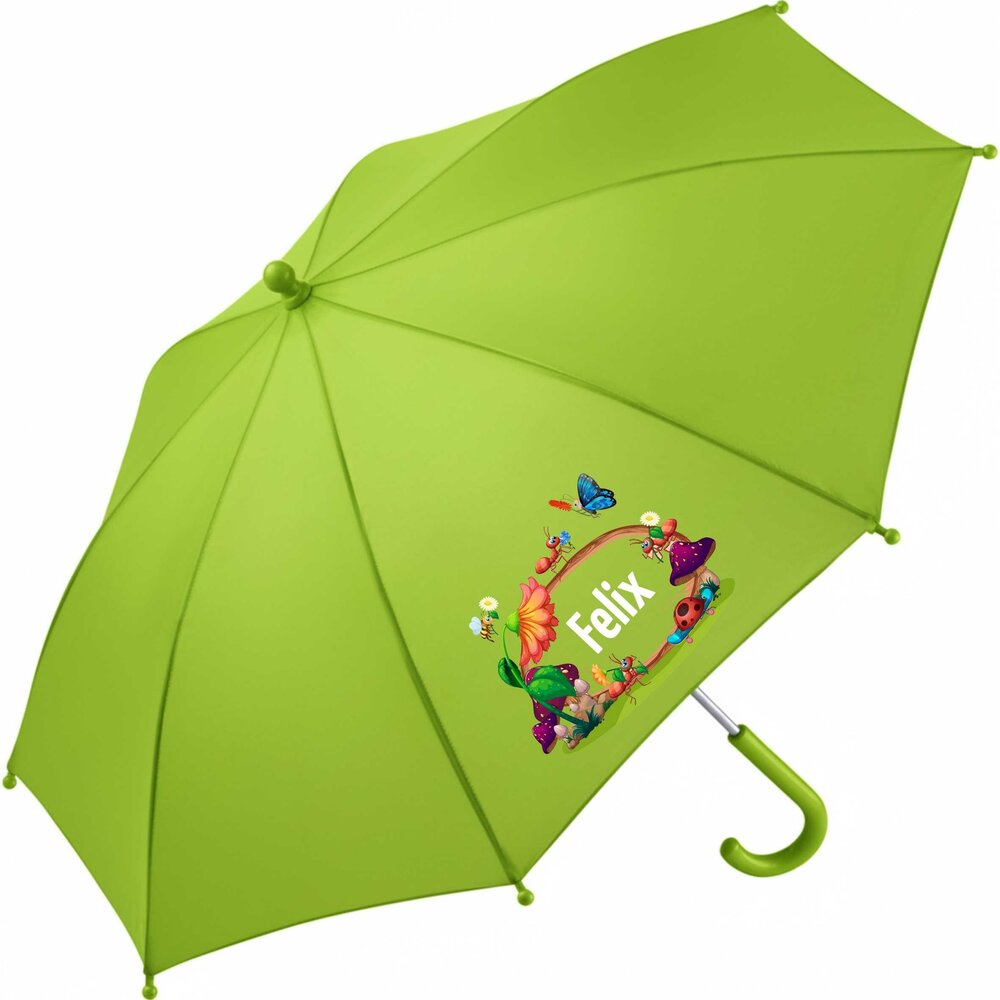 Kinderparaplu met naam &ndash; insecten in lime, vrolijke bijtjesprints voor plezier in de regen.