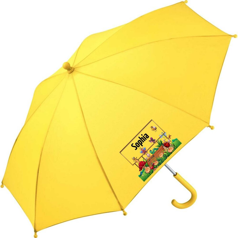 Kinderparaplu met eigen naam en vlinders/lieveheersbeestje/rups afbeelding, al vanaf 1 stuks. 