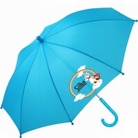 Kinderparaplu met naam &ndash; Unicorn in blauw. Gepersonaliseerd met de naam van je kind en vrolijke eenhoornprints in regenb