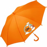 Kinderparaplu met naam &ndash; Unicorn in oranje. Met vrolijke eenhoorns en regenboogdetails, gepersonaliseerd voor je kind.