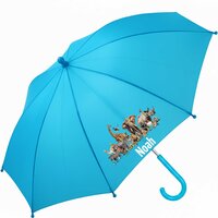 Kinderparaplu met naam &ndash; Jungledieren in vrolijk blauw. Gepersonaliseerd met de naam van je kind en kleurrijke d