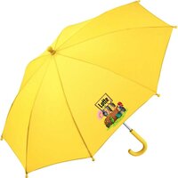 Kinderparaplu met naam &ndash; Zingende Kevers in geel. Gepersonaliseerd met vrolijke keverillustraties en naam van je kind.