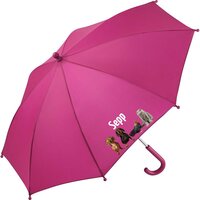 Kinderparaplu met naam &ndash;grappige dieren in roze, met dieren met zonnebril en vlinder op neus