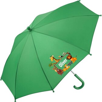 Kinderparaplu met eigen naam oerwouddieren venster afbeelding, al vanaf 1 stuks.
