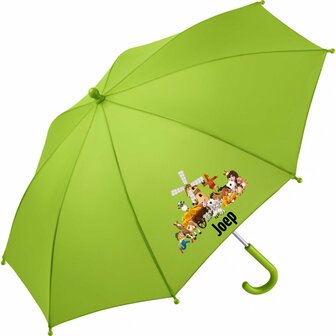 Kinderparaplu met eigen naam en boederijdieren afbeelding, al vanaf 1 stuks.