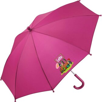 Kinderparaplu met naam &ndash; Zingende Kevers in roze. Met kleurrijke zingende kevers en naam van je kind duidelijk zichtbaar