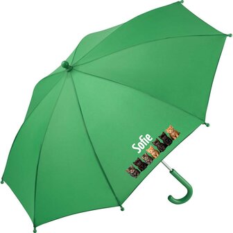 Kinderparaplu met eigen naam en poezenafbeelding, al vanaf 1 stuks.