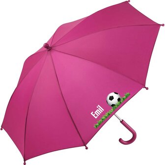 Kinderparaplu met naam &ndash; Voetbal  in roze, met voetbal en glitters.