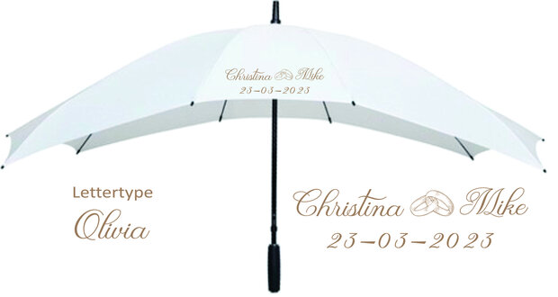 Trouw Duo paraplu met bedrukking met ringen en persoonlijke namen en datum