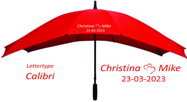 Trouw Duo paraplu met bedrukking met hartjes en persoonlijke namen en datum