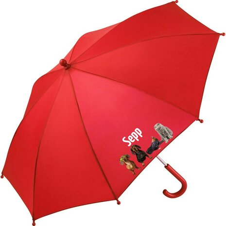 Kinderparaplu met naam – grappige dieren in rood, kleurrijke met humor dieren en personalisatie.