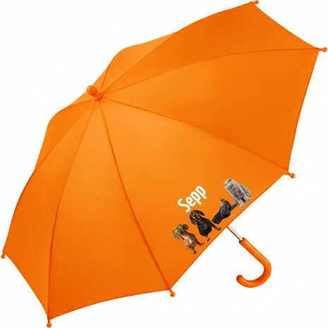 Kinderparaplu met naam – vrolijke dieren  in oranje, vrolijke humor dieren