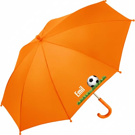 Kinderparaplu met naam – bal in oranje, vrolijke voetbalprint