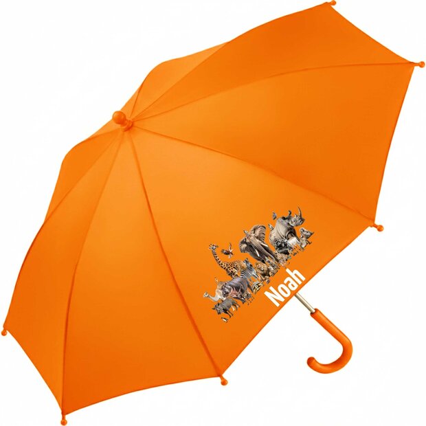 Kinderparaplu met naam &ndash; Jungledieren in oranje. Met tijgers, olifanten en jungledierenprints.&rdquo;