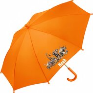 Kinderparaplu met naam &ndash; Jungledieren in oranje. Met tijgers, olifanten en jungledierenprints.&rdquo;